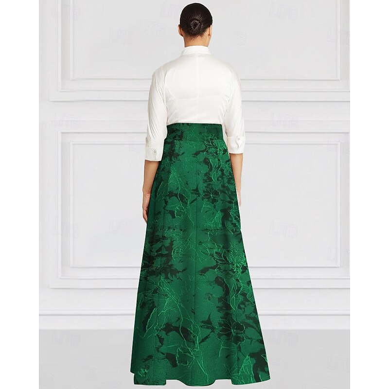 A-Line Mother of the Bride Dress Elegant Vintage Shirt Collar Floor Length Stretch Fabric Long Sleeve3