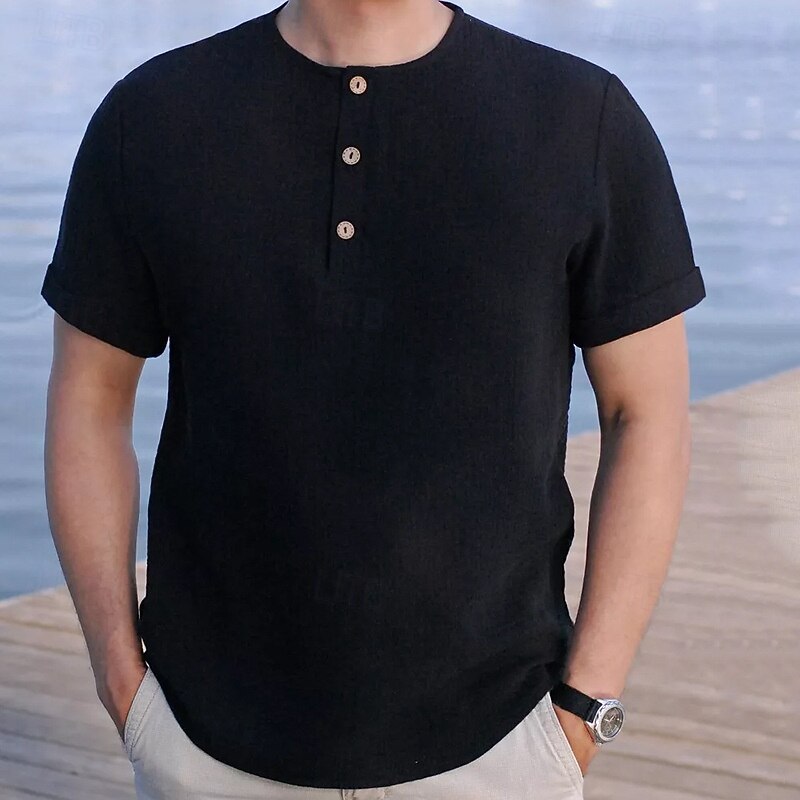 Men's T Shirt Henley Shirt Tee Short Sleeve Shirt Short Sleeve Henley Summer Spring Plain Fashion Designer Basic Buttons Vacation Street Going out Black Light Green Pink Top Tee for Men3