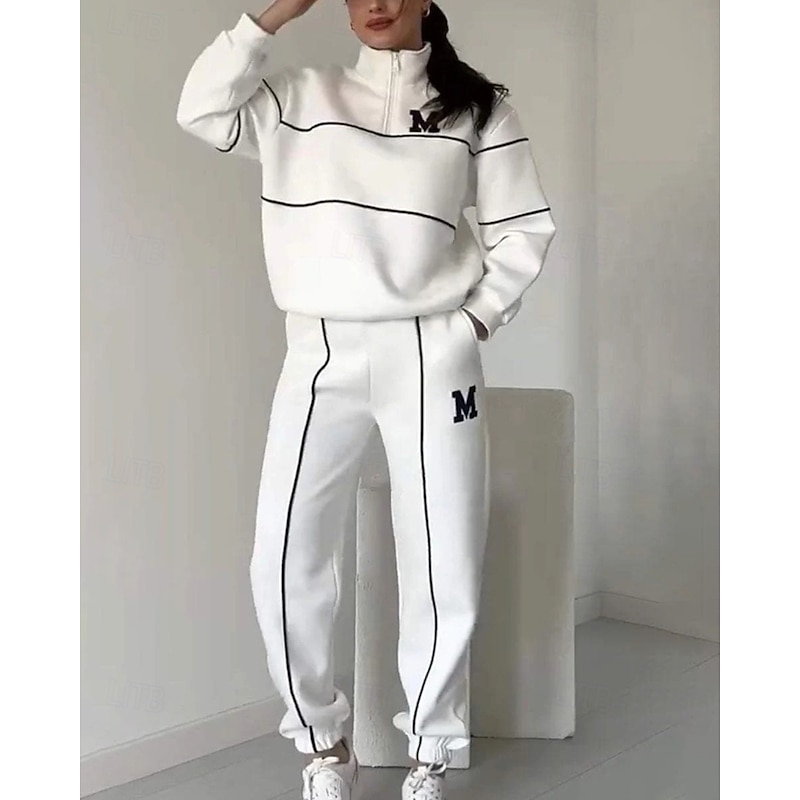 Women's Tracksuit Sweatpants Pullover Sweatshirt Zipper Pocket Color Block Clothing Suit Fall Black White Workout Athleisure Running Thermal Warm Windproof Long Sleeve Sport Activewear Stretchy