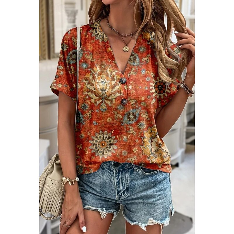Women's T Shirt Ombre Floral Graphic Stylish Short Sleeve V Neck Notched Neck Regular Tops Daily Weekend Print Black Blue Orange Khaki Light Blue Summer Spring2