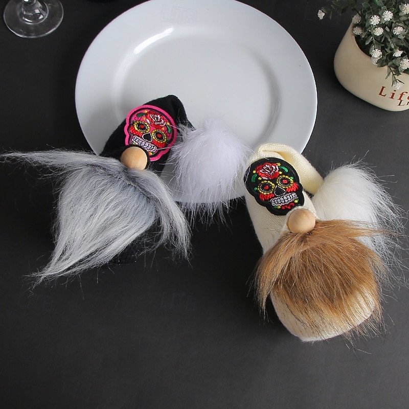 Day of the Dead Plush Skull Gnome Doll with Faux Beard, No-Face Stuffed Toy for Party Decoration, Spooky Festival Atmosphere Prop4