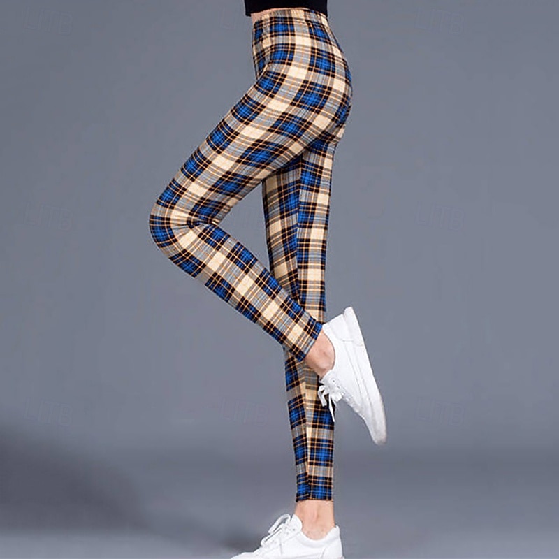 Women's Tights Leggings Cozy Leggings Streetwear Casual Full Length High Waist Plaid Elastic Waist Breathability Stretchy Vacation Street Daily Wear Magenta Dark red Wine Black Fall Regular Fit4