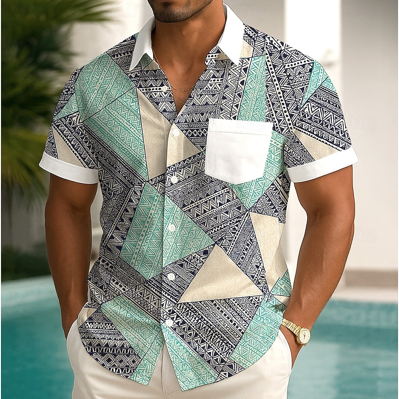 Men's Geometric Color-blocking Shirt Summer Shirt Button Up Shirt Short Sleeve Fashion Casual Outdoor Vacation Dailywear Summer Spring Turndown 3D Print Collared Shirts Front One Pocket Green