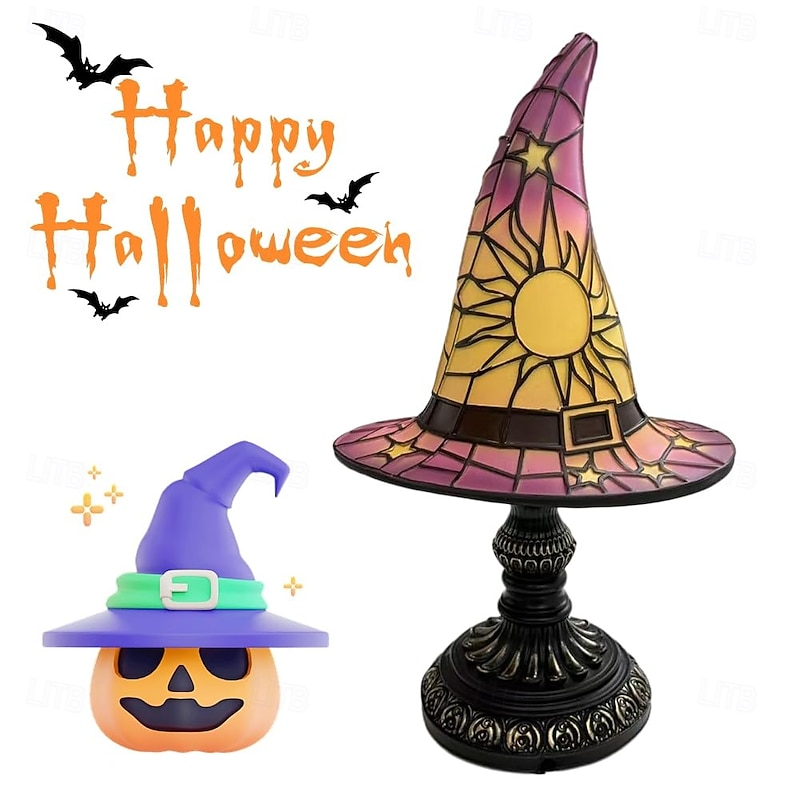 1 Pc Retro Resin Witch Hat Light Unique Indoor Bedside Table Bedroom Night Light Halloween Festival Atmosphere Decorative Light USB Plug in3
