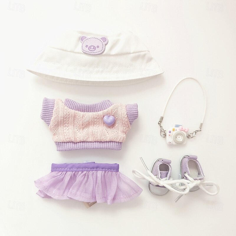 5-Piece Clothes for Popular Dolls 17cm - Cute Hat  Camera  Sweater  Skirt & Shoes - Premium Doll Outfit Accessories for Creative Play & Display (NO Doll)