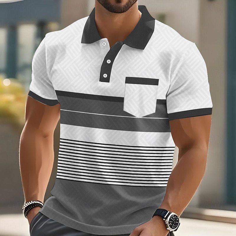 Men's Stripes Polo Short Sleeve Polo Shirts Collared Shirts Business Casual Outdoor Athleisure Daily Wear Pocket 3D Print Buttons Summer Blue Brown Green4