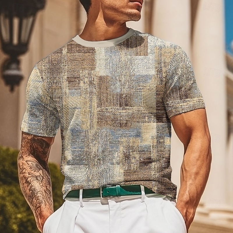 Men's Geometric Plaid Waffle Shirt Short Sleeve T shirt 3D Print Crew Neck Shirt Fashion Casual Comfortable Street Casual Daily Blue Brown Green Summer Spring Clothing Apparel S M L XL XXL XXXL