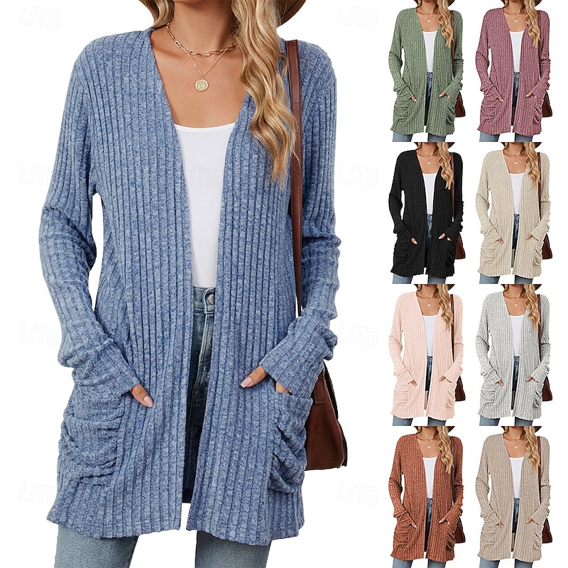 Women's Sweater Cardigan Elegant Fashion Streetwear Pure Color Open Front Pocket Knitted Long Sleeve Regular Tops Knit Outdoor Daily Weekend Pink Blue Fall Winter
