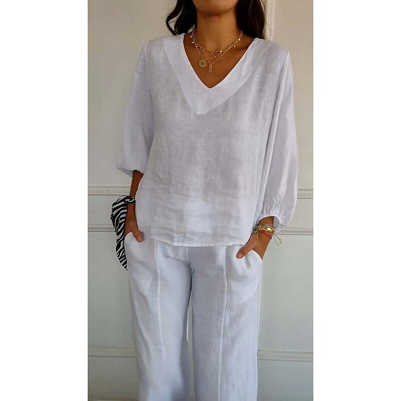 Women's Blouse Solid Color Elegant Stylish Casual Long Sleeve V Neck Regular Tops Daily Holiday White Khaki Beige Summer Spring3