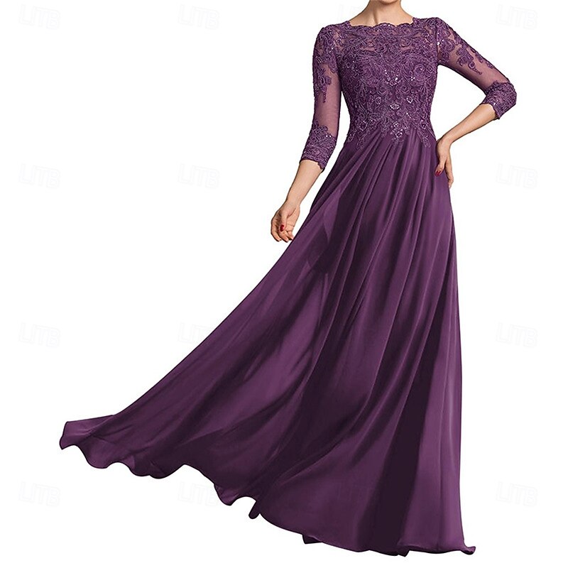 A-Line Mother of the Bride Dress Elegant Crew Neck Floor Length 3/4 Length Sleeve with Pleats Solid Color4