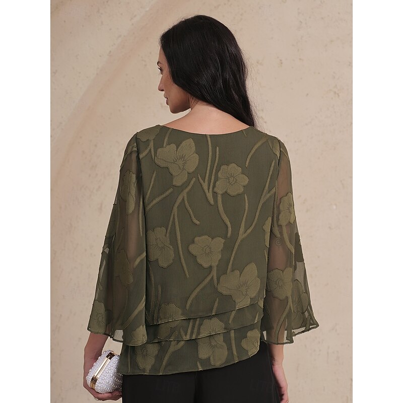 Women's Lace Shirt Blouse Dressy Tops Chiffon Tops Solid Color Floral Elegant Stylish Casual Half Sleeve Flutter Sleeve Boat Neck Regular Tops Wedding Guest Work Daily Asymmetric Hem Olive Summer3