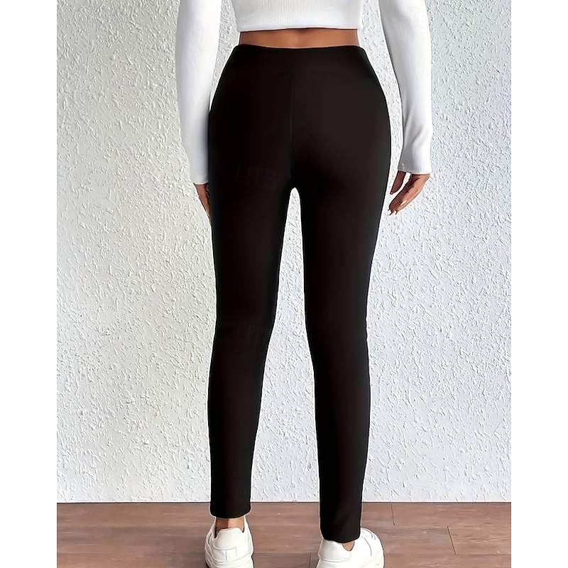 Women's Fleece Pants Slacks Leggings Streetwear Casual Full Length Natural Plain Elastic Waist Thermal Warm Outdoor Weekend Wine Black White Army Green Winter Regular Fit2