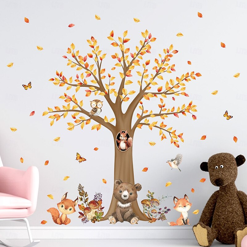 Fall Wall Decal Stickers Autumn Thanksgiving Decoration, Removable Tree, Fox and Squirrel Wall Stickers for Living Room and Bedroom Background Home Decor