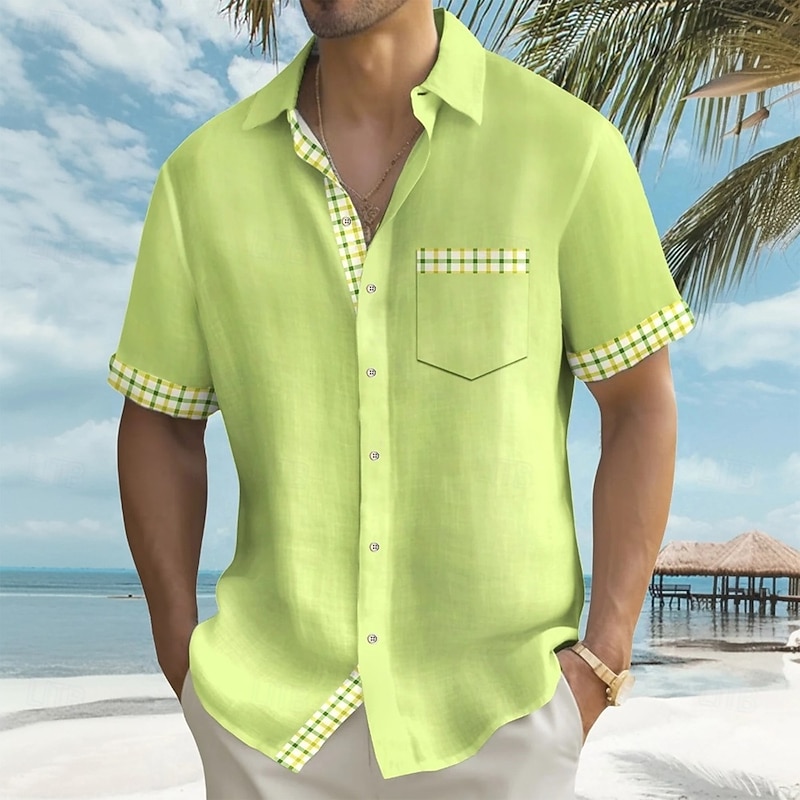 Men's Geometric Checkerboard Cuffs Shirt Summer Shirt Button Up Shirt Short Sleeve Fashion Casual Outdoor Vacation Dailywear Summer Spring Turndown 3D Print Collared Shirts Front One Pocket Green