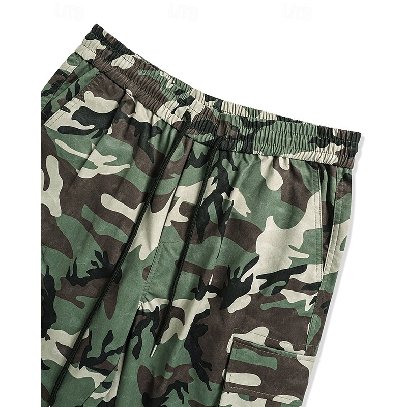 Men's Cargo Pants Trousers Camo Pants Elastic Waist Drawstring Multi Pocket Camouflage Wearable Outdoor Daily Camping & Hiking Fashion Classic Green Gray3