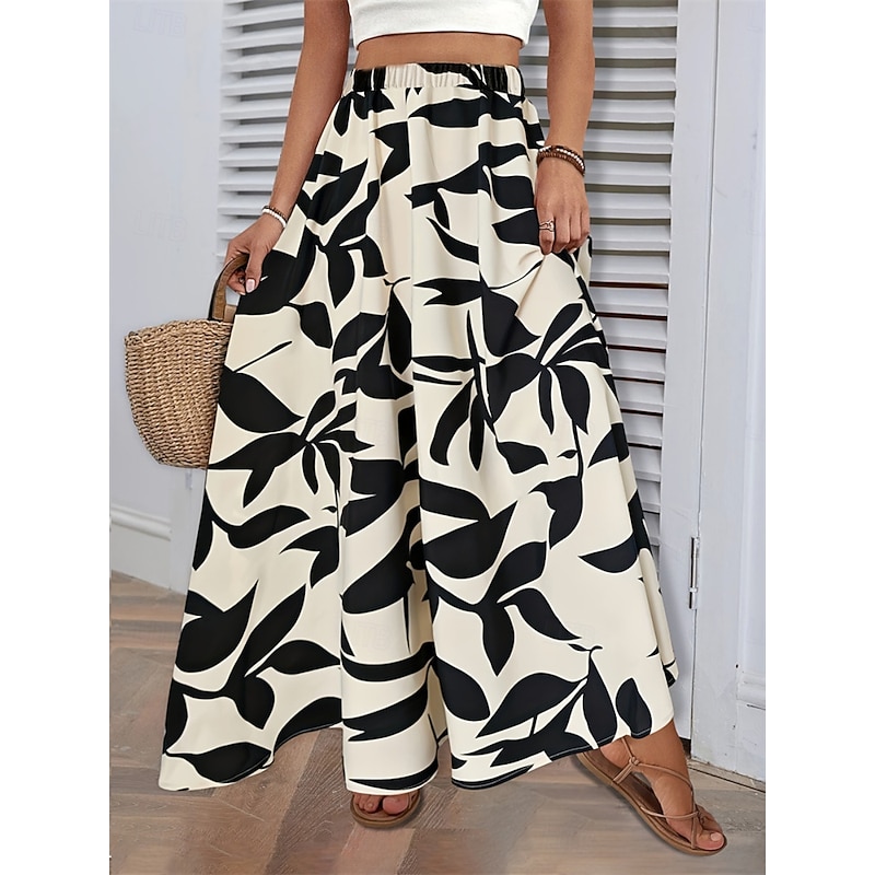 Women's Skirt A Line Fashion Casual Maxi High Waist Skirts Trees / Leaves Pocket Print Stretchy Street Daily White Green Summer Polyester3