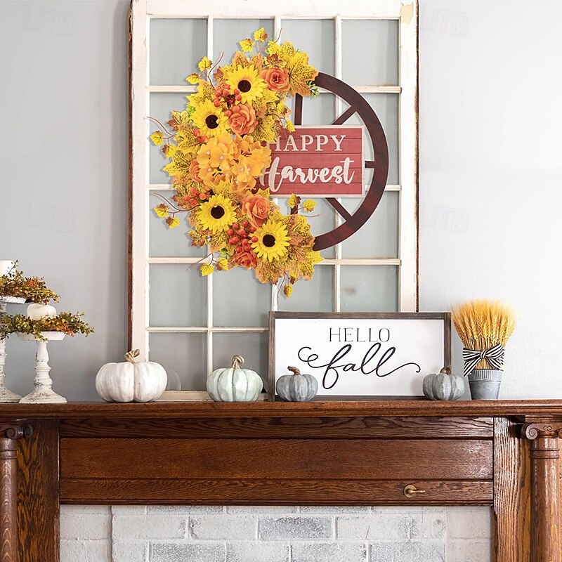 Fall Wreath for Front Door Thanksgiving Harvest Indoor Outdoor Decoration, Maple Leaf Sunflower Wagon Wheel Hanging Wreath for Porch and Home Decor4