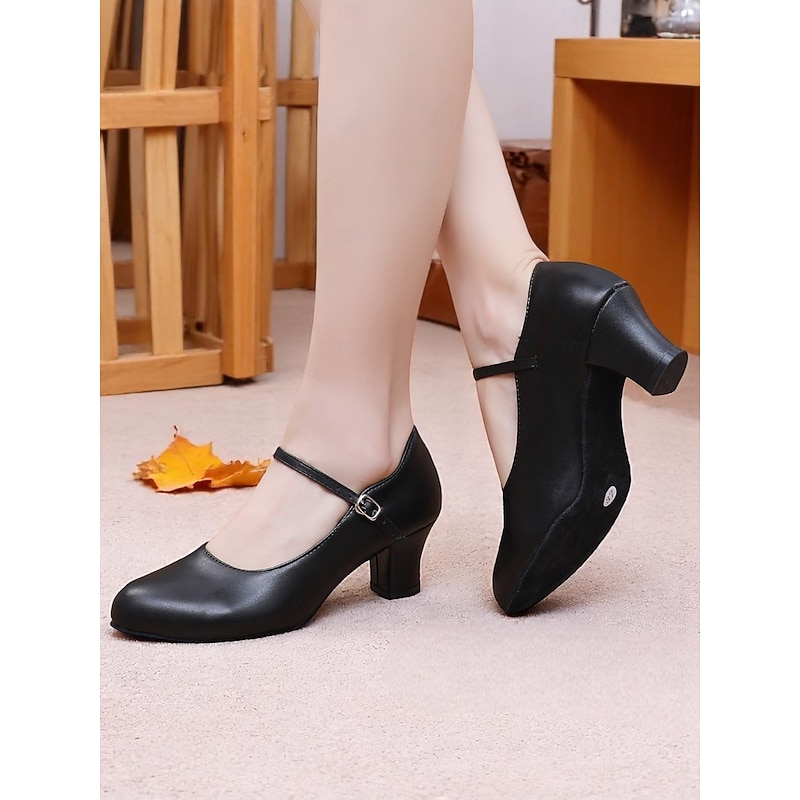 Women's Black Low Heel Character Dance Shoes with Ankle Strap - Professional Stage Performance Footwear for Latin, Jazz and Ballroom Practice