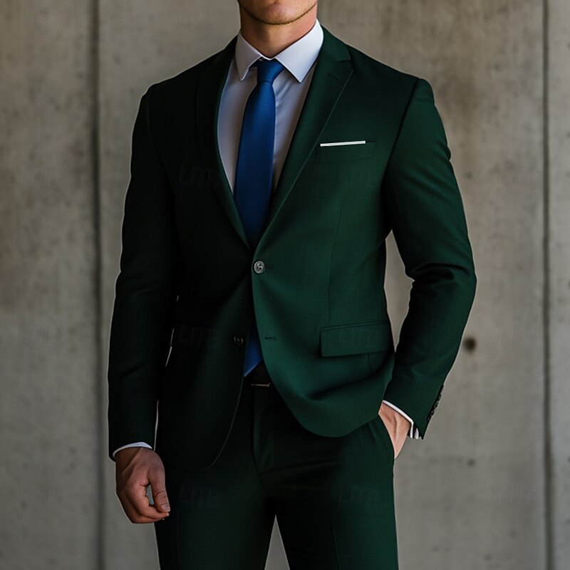 Men's Wedding Business Suits Notch Lapel Dark Green Daily Formal Solid Colored Standard Fit 2 Piece Single Breasted Two-buttons2