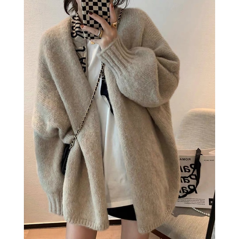 Women's Cardigan Casual Soft Solid Color Ribbed V Neck Knitted Long Sleeve Regular Tops Knit Holiday Going out Weekend Apricot Gray Fall