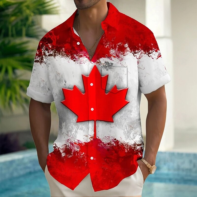 Canada Day Men's Flag Maple Leaf Patriotic Shirt Summer Shirt Button Up Shirt Short Sleeve Fashion Casual Holiday Summer Spring Turndown 3D Print Collared Shirts Front One Pocket White
