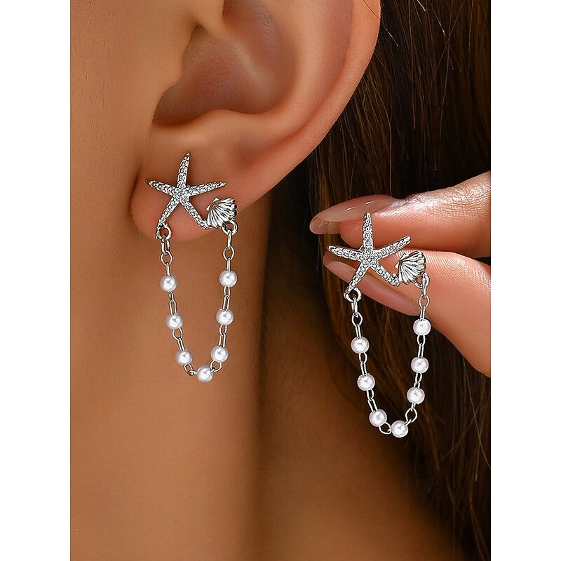 Women's Starfish Pearl Chain Drop Earrings – Beach-Inspired Summer Jewelry, Elegant Nautical Style for Parties, Vacations & Daily Wear