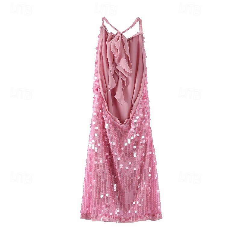 Women's Mini Dress Sequin Dress Party Dress Cocktail Dress Halter Neck Dress Fashion Party Evening Party Cocktail Party Regular Fit Plain Sleeveless Halter Neck Pink Summer3