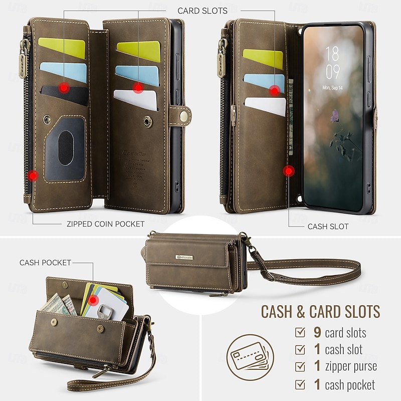 Phone Case For Samsung Galaxy S25 S25 Edge S24 S24 FE S23 S22 S21 Ultra Plus A16 A55 5G A15 Wallet Case with Lanyard Kickstand Shockproof TPU PU Leather3