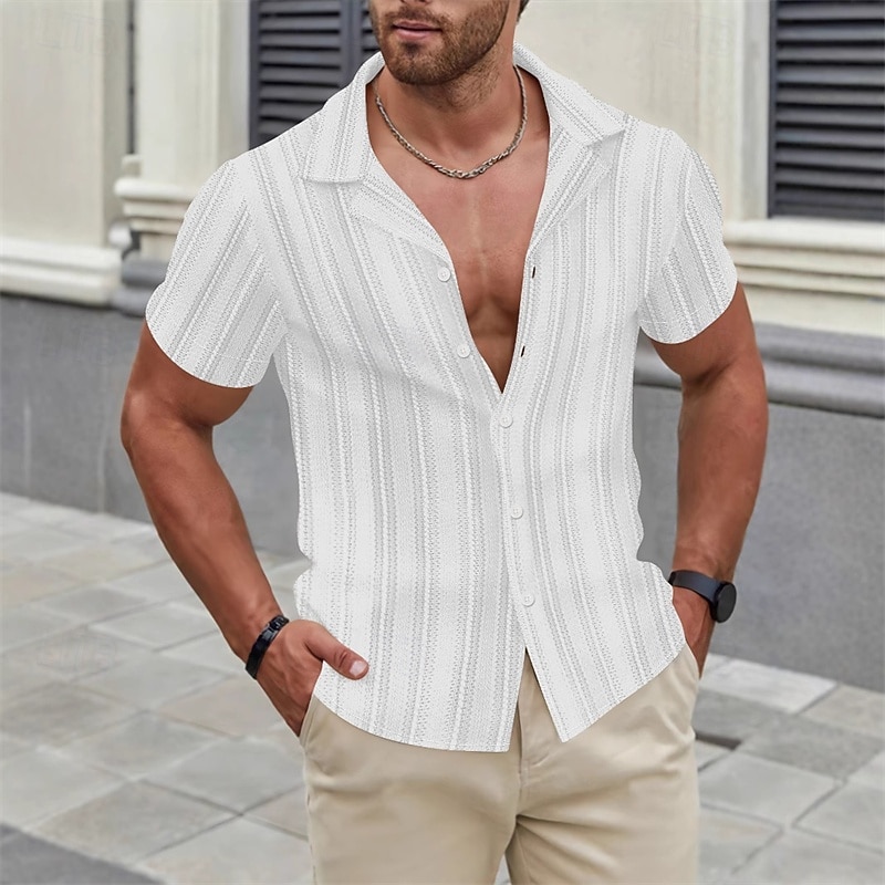 Men's Shirt Summer Shirt Casual Shirt Beach Shirt Button Up Shirt Black White Brown Apricot Short Sleeve Stripes Lapel Vacation Hawaiian Clothing Apparel Fashion Casual Comfortable