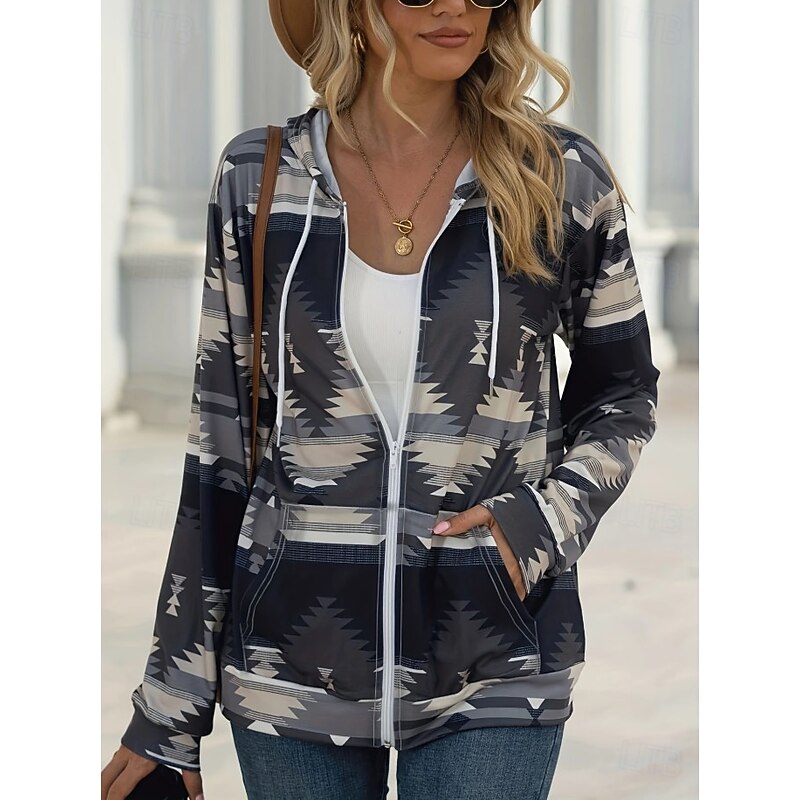 Women's Hooded Sweatshirt Jacket Long Sleeve Zip Up Hoodie With Pocket Lightweight Casual Micro-elastic Oversized Geometric Striped Active Vintage Sports Drawstring Front Pocket Black Blue Gray Fall4