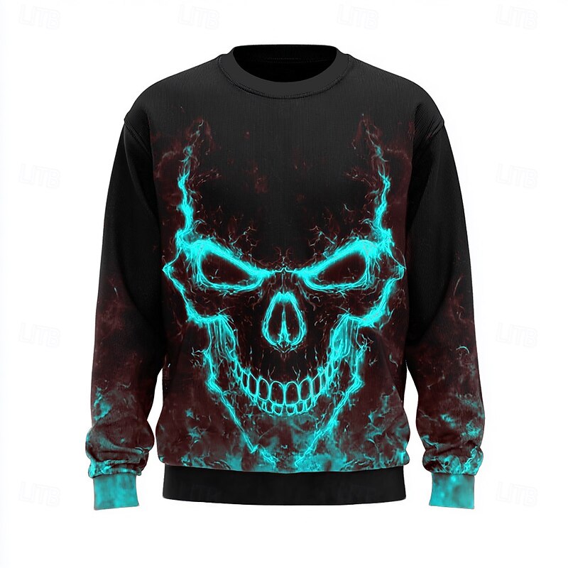 Halloween Men's Skull 3D Sweatshirt Casual Long Sleeve Crew Neck Red Blue Crewneck 3D All Seasons Designer2