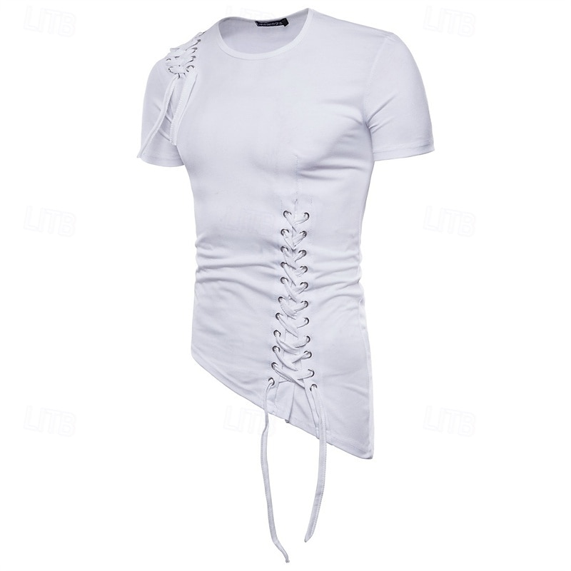 Men's T Shirt Tee Short Sleeve Shirt Tee Top Short Sleeve Crew Neck Summer Plain Fashion Designer Basic Lace up Vacation Street Going out Black White Khaki Top Tee for Men