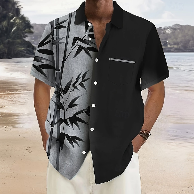 Men's Plants Bamboo Shirt Summer Hawaiian Shirt Button Up Shirt Short Sleeve Hawaiian Vacation Holiday Beach Wear Summer Spring Turndown 3D Print Front One Pocket Linen Like Shirt Black