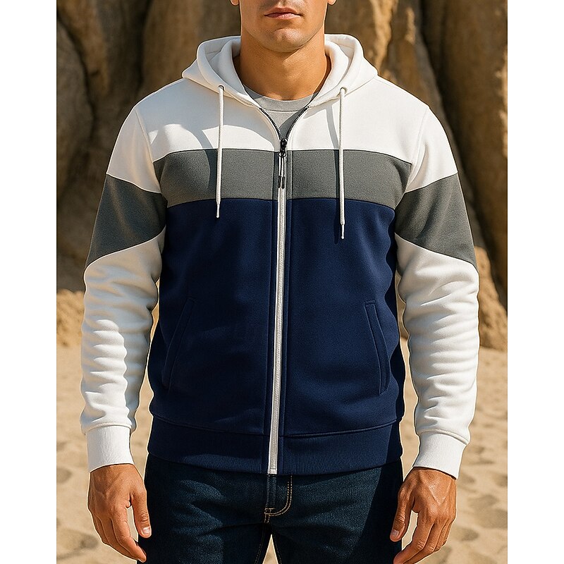 Men's Running Jacket Outdoor Jacket Drawstring Pocket Long Sleeve Top Athleisure Fall Patchwork Windproof Hiking Running Sportswear Activewear White Red Blue