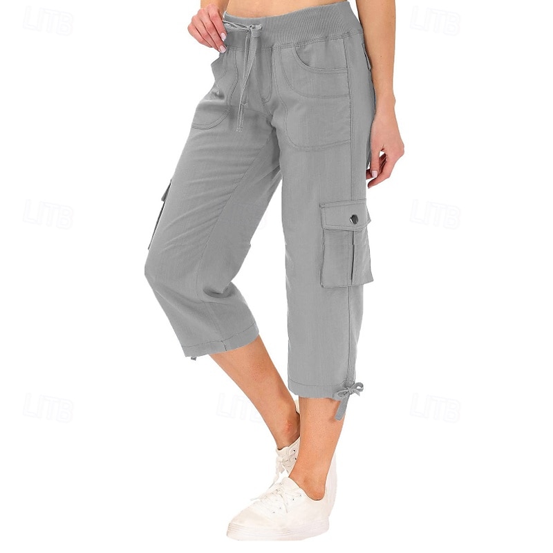 Women's Cargo Pants Slacks Streetwear Casual Calf-Length Natural Plain Pocket Elastic Drawstring Design Comfy Outdoor Comfortable Outdoor Streetwear Camel Dark Brown Light Sky Blue Black Summer