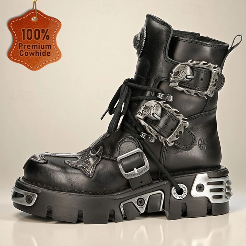 Men's Gothic Punk Combat Boots Premium Cowhide Leather with Buckles Metal Accents and Chunky Sole Ideal for Stage Motorcycle and Cosplay Outfits - Main Image