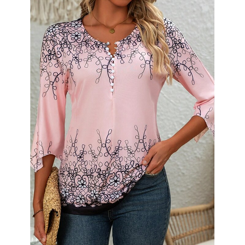 Women's Blouse V Neck Floral Graphic Elegant 3/4 Length Sleeve Crew Neck Regular Tops Daily Going out Ruffle Buttons Pink Spring Fall4