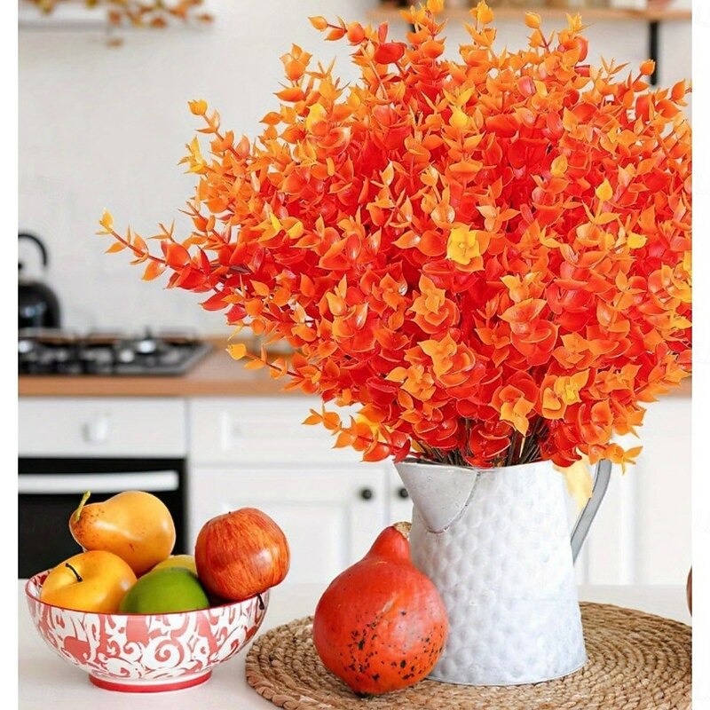 5pcs Fall Artificial Greenery Stems, Sunset Red Eucalyptus Bouquets with Coin Leaves, 7-Branch Plastic Plants for Autumn Thanksgiving Home and Outdoor Decor2