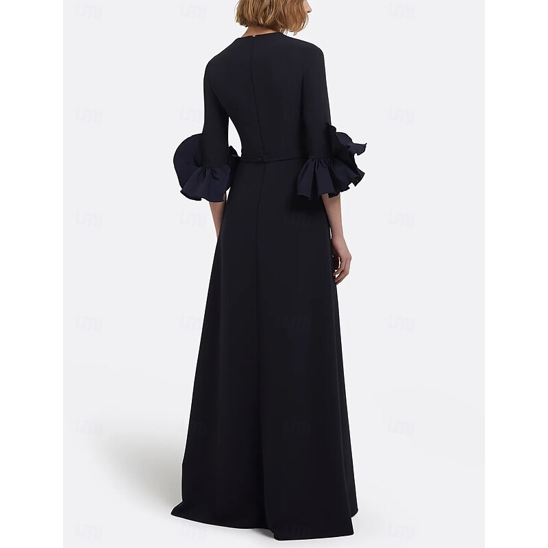 Black A-Line Evening Gown Elegant Dress Formal Wedding Floor Length Long Sleeve Crew Neck Stretch Crepe with Pleats2