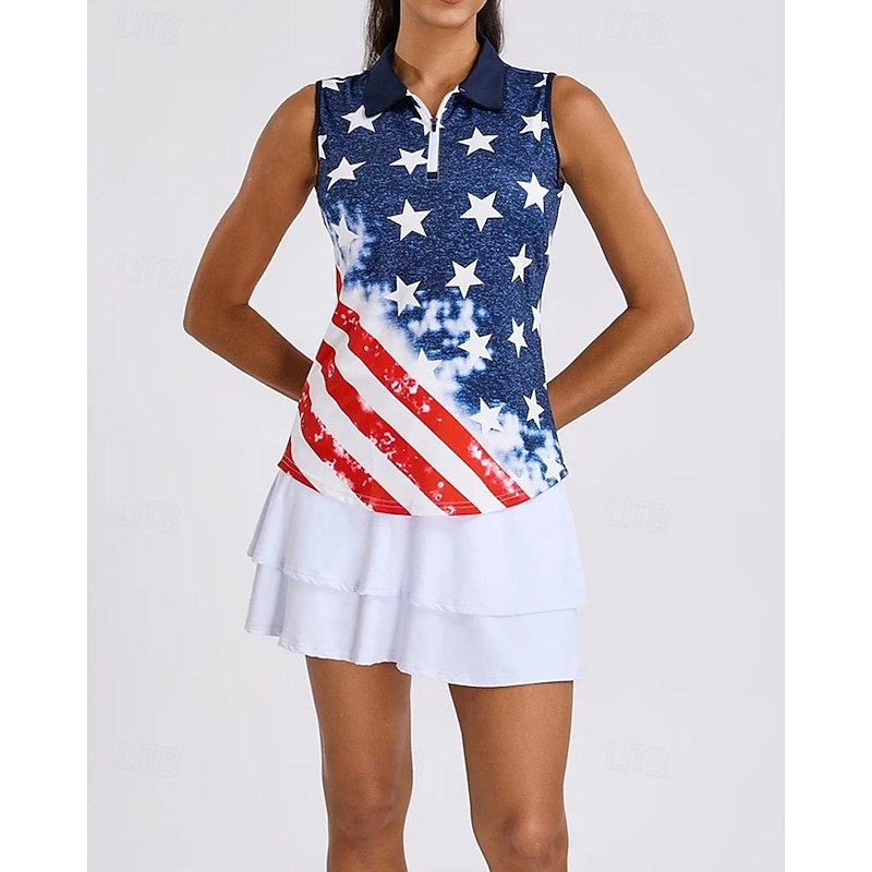 Women's Graphic National Flag Sport Shirt Golf Polo Shirt Tennis Shirt Sleeveless Zipper High Elasticity Moisture Wicking Breathable Tennis Golf Pickleball Turndown Zip Collar Shirt Top Dark Blue