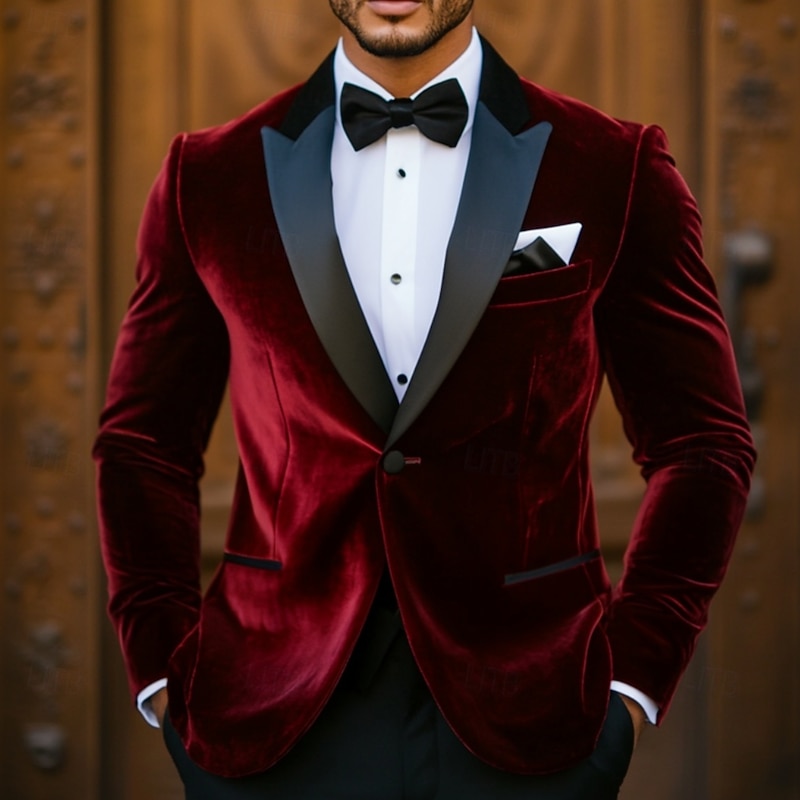 Men's Blazer Blazer Party Formal Evening Vintage Solid Colored Single Breasted One-button Regular Fit Polyester Men's Suit Burgundy - Peaked Lapel