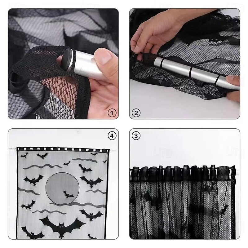 Happy Halloween Lace Window Curtain Door Panel Bats Spider Web Design Halloween Party Decoration3