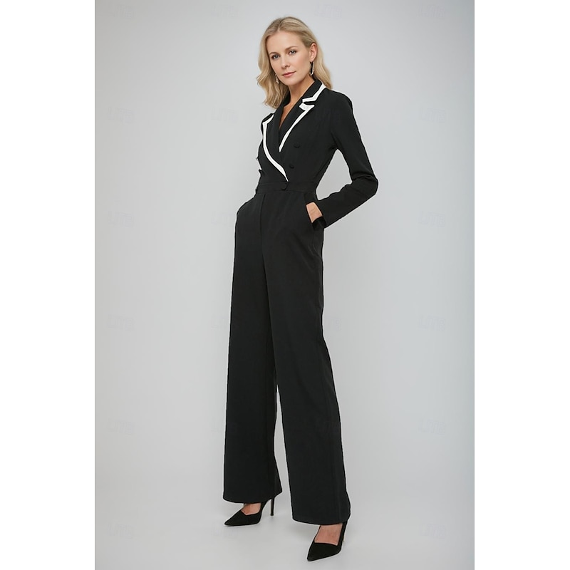 Women's Jumpsuits Formal Wedding Guest Stretch Crepe Elegant Simple Minimalist Long Sleeve Floor Length Notched Lapels Double Breasted