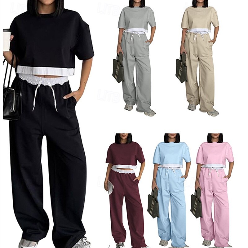 Women's Tracksuit Wide Leg Pants Pullover Sweatshirt Drawstring Pocket Solid Colored Clothing Suit Fall Black Pink Gym Workout Sports Windproof Long Sleeve Sport Activewear Micro-elastic Regular Fit