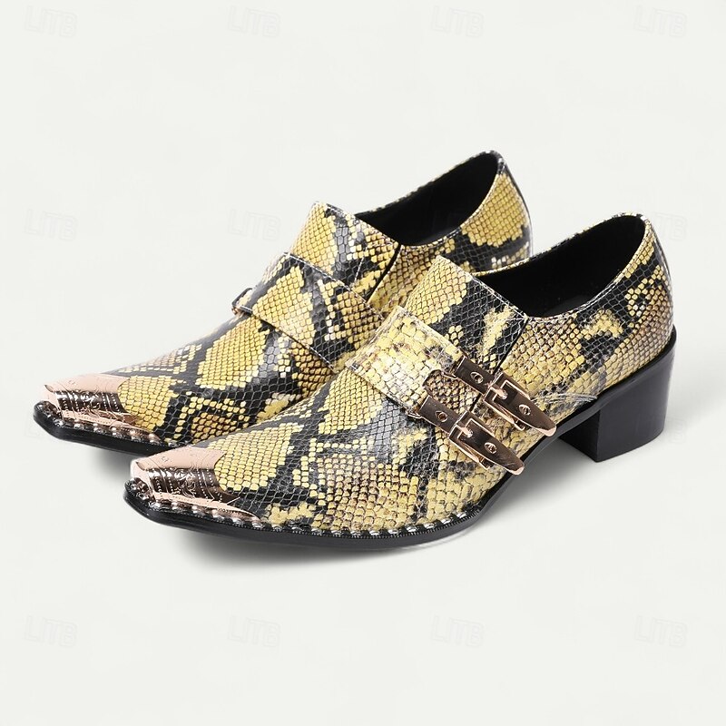 Men's Snakeskin Print Leather Dress Shoes – Premium Cowhide Formal Loafers with Double Metal Buckles Pointed Toe and Stud Accents for Evening Banquets Fashion Galas and Masquerade Parties2