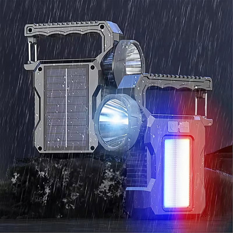 USB Solar Portable Powerful Rechargeable Flashlight Searchlight With COB Work Light Lantern Outdoor Camping Lamp Hiking Fishing Emer  1PC3