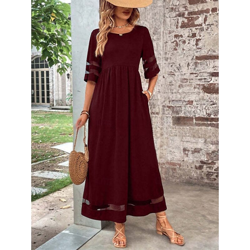 Women's Maxi Dress A Line Dress Summer Dress Casual Daily Regular Fit Plain Half Sleeve V Neck Black Wine Green Summer4