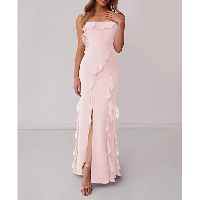 A-Line Bridesmaid Dress Spaghetti Strap Sleeveless Elegant Floor Length Chiffon with Ruffles / Split Front