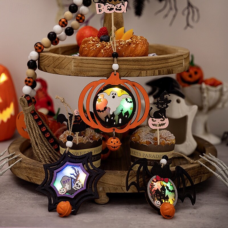3PCS Halloween LED Wooden Ornaments Hanging Decorations, Scary Pumpkin and Spider Signs for Halloween Wall Decor and Party Atmosphere4