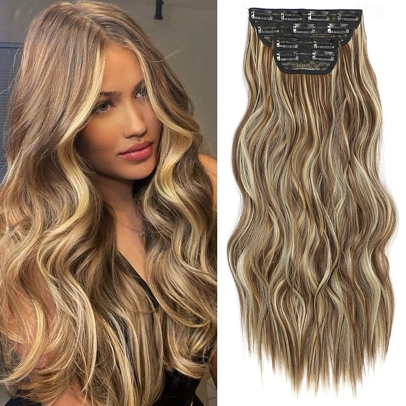 Clip In Hair Extensions Long Wavy Hair Extensions 4PCS Medium Brown Highlighted Blonde Clip Ins for Women Thick & Full Head Synthetic Hairpieces